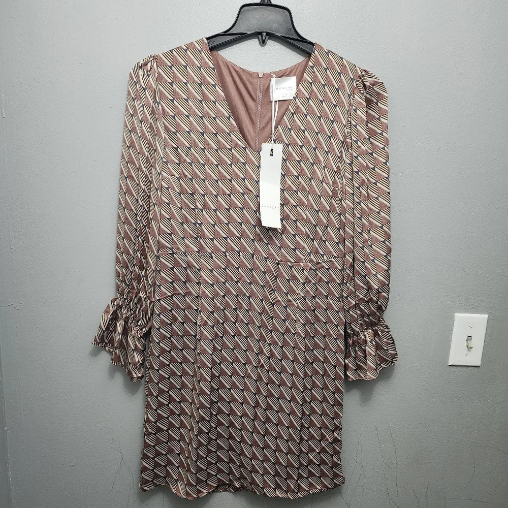 Anonyme designers women's mini dress size S long sleeve brown and blue